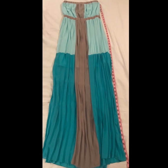 Turquoise and Grey Pleated Strapless Maxi Dress - Picture 3 of 6